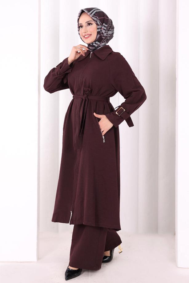 Hijab clothing PLUM BELTED PANTSUIT T 4707 - TRENDTESETTÜR