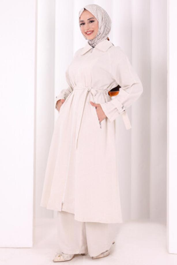 Hijab clothing BEIGE BELTED PANTSUIT T 4707 - TRENDTESETTÜR