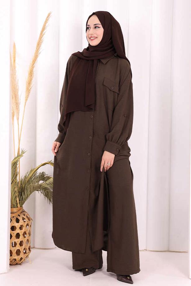 Hijab clothing BROWN LINEN PANTSUIT T 5108 - TRENDTESETTÜR