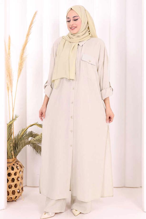 Hijab clothing BEIGE LINEN PANTSUIT T 5108 - TRENDTESETTÜR