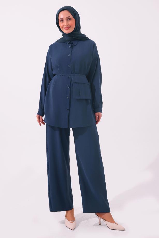 Tesettür giyim LACİVERT CEPLİ KUŞAK DETAYLI MODAL TAKIM T 5362 - TRENDTESETTÜR