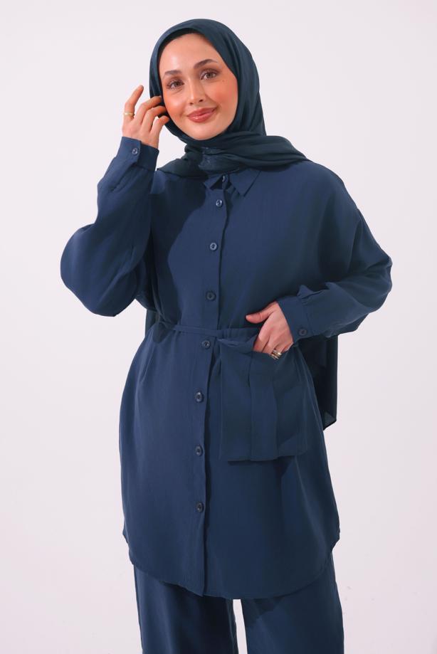Tesettür giyim LACİVERT CEPLİ KUŞAK DETAYLI MODAL TAKIM T 5362 - TRENDTESETTÜR