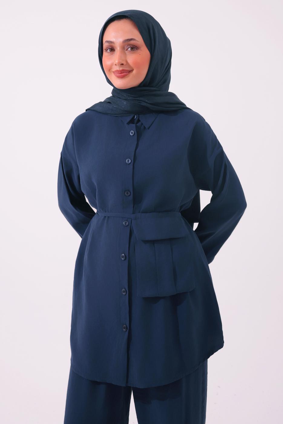 Tesettür giyim LACİVERT CEPLİ KUŞAK DETAYLI MODAL TAKIM T 5362