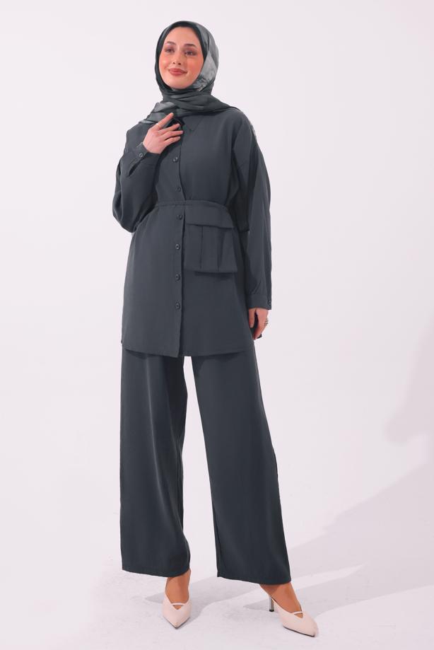 Tesettür giyim GRİ CEPLİ KUŞAK DETAYLI MODAL TAKIM T 5362 - TRENDTESETTÜR