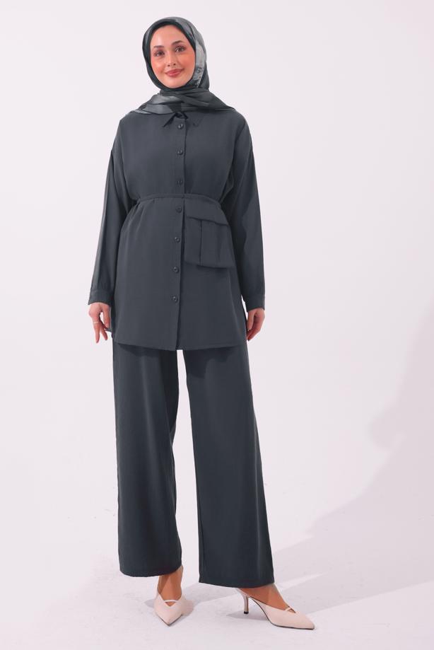 Tesettür giyim GRİ CEPLİ KUŞAK DETAYLI MODAL TAKIM T 5362 - TRENDTESETTÜR