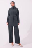 Tesettür giyim GRİ CEPLİ KUŞAK DETAYLI MODAL TAKIM T 5362