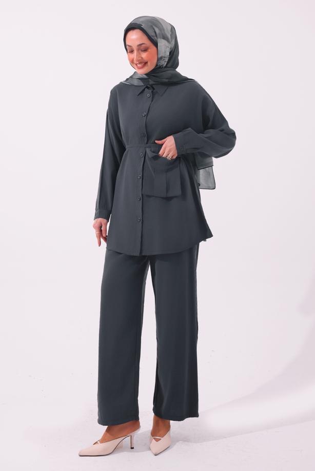 Tesettür giyim GRİ CEPLİ KUŞAK DETAYLI MODAL TAKIM T 5362 - TRENDTESETTÜR