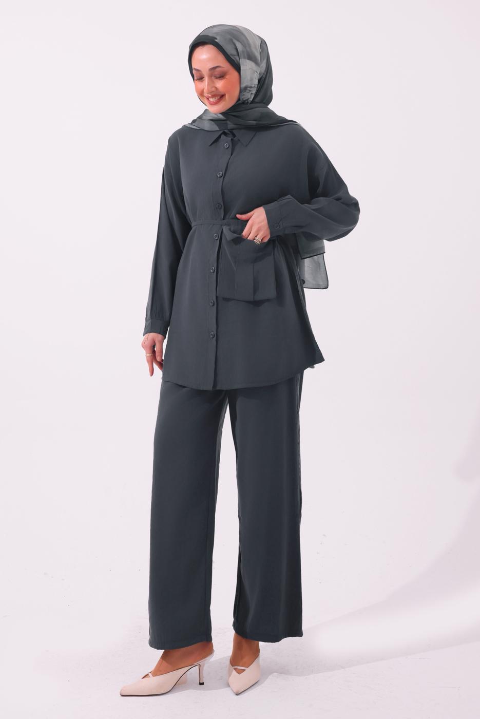 Tesettür giyim GRİ CEPLİ KUŞAK DETAYLI MODAL TAKIM T 5362