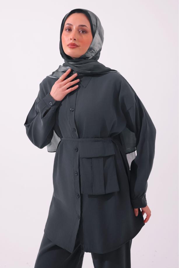 Tesettür giyim GRİ CEPLİ KUŞAK DETAYLI MODAL TAKIM T 5362 - TRENDTESETTÜR