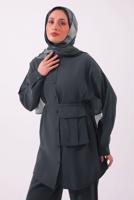 Tesettür giyim GRİ CEPLİ KUŞAK DETAYLI MODAL TAKIM T 5362