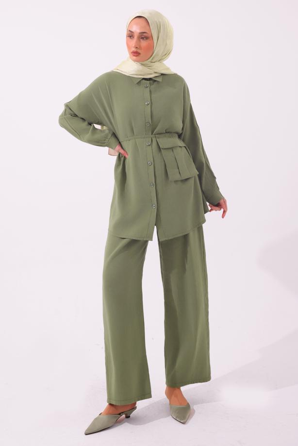 Tesettür giyim YEŞİL CEPLİ KUŞAK DETAYLI MODAL TAKIM T 5362 - TRENDTESETTÜR