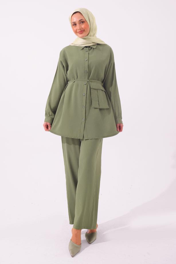 Tesettür giyim YEŞİL CEPLİ KUŞAK DETAYLI MODAL TAKIM T 5362 - TRENDTESETTÜR