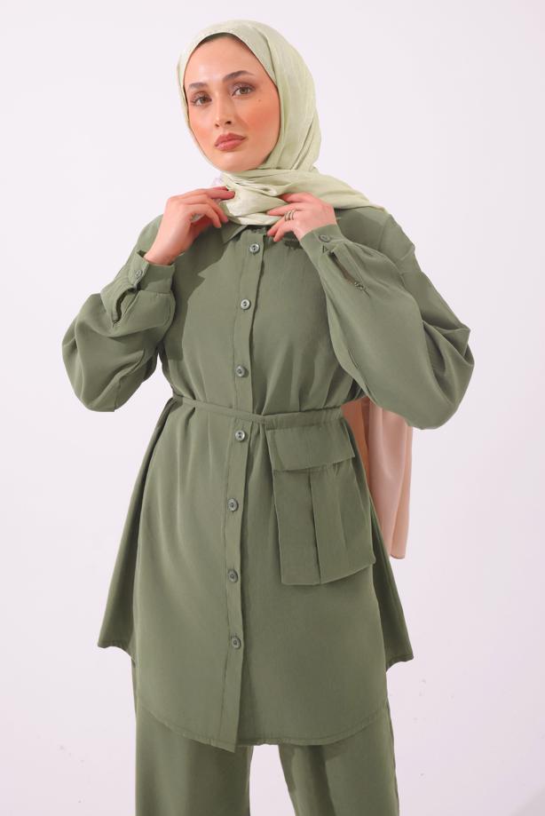 Tesettür giyim YEŞİL CEPLİ KUŞAK DETAYLI MODAL TAKIM T 5362 - TRENDTESETTÜR