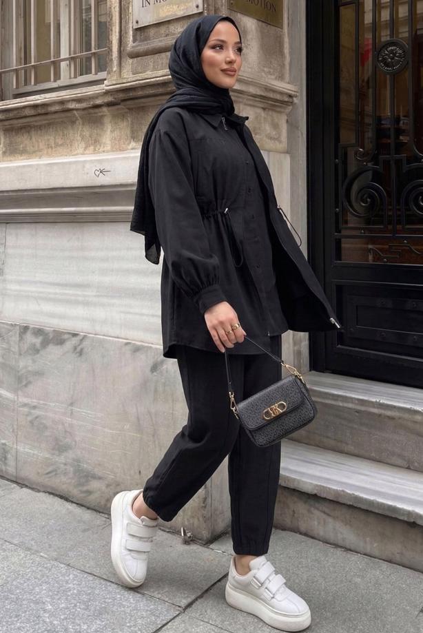 Vêtements hijab NOIR ENSEMBLE PANTALON TAILLE SMOCKÉE T 5522 - TRENDTESETTÜR