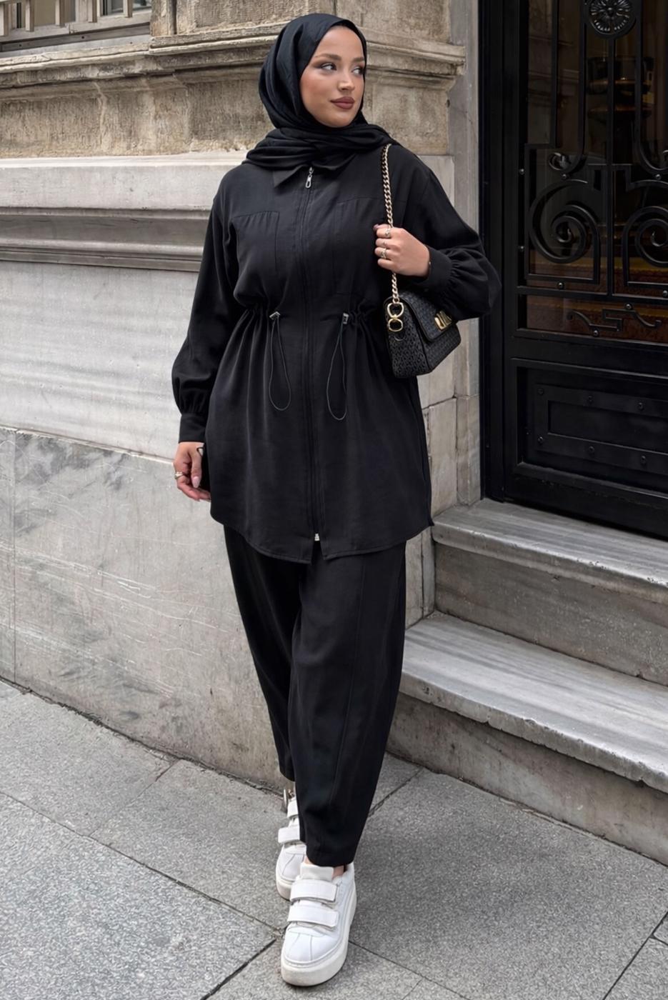 Vêtements hijab NOIR ENSEMBLE PANTALON TAILLE SMOCKÉE T 5522