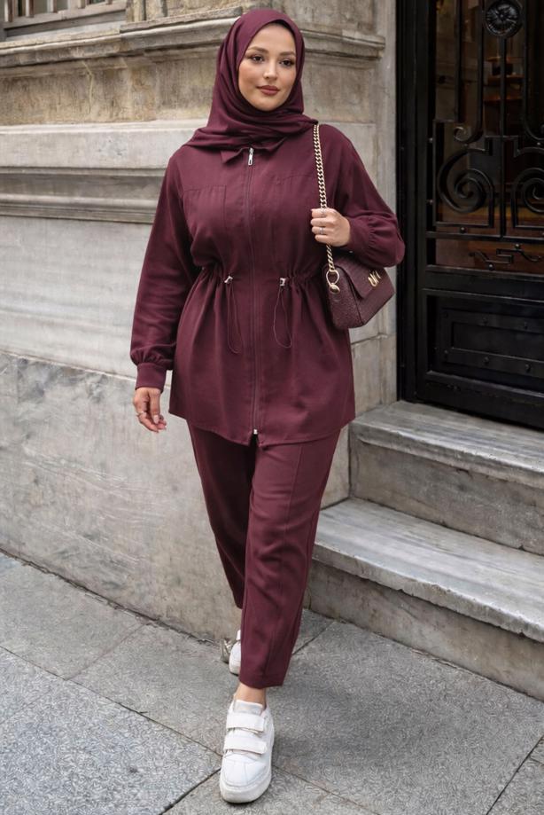Vêtements hijab ROUGE BORDEAUX ENSEMBLE PANTALON TAILLE SMOCKÉE T 5522 - TRENDTESETTÜR