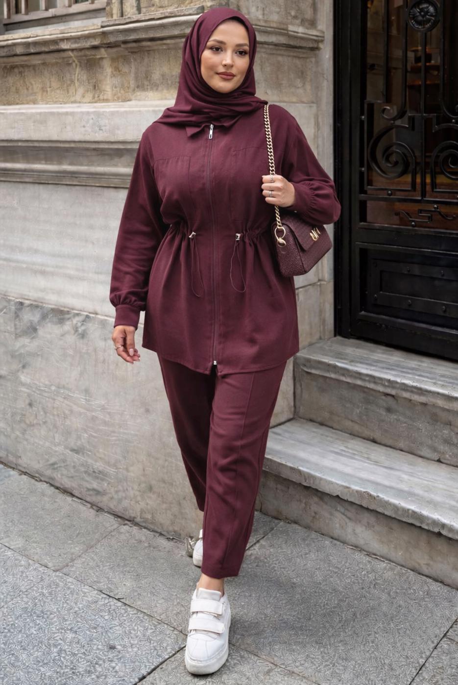 Vêtements hijab ROUGE BORDEAUX ENSEMBLE PANTALON TAILLE SMOCKÉE T 5522