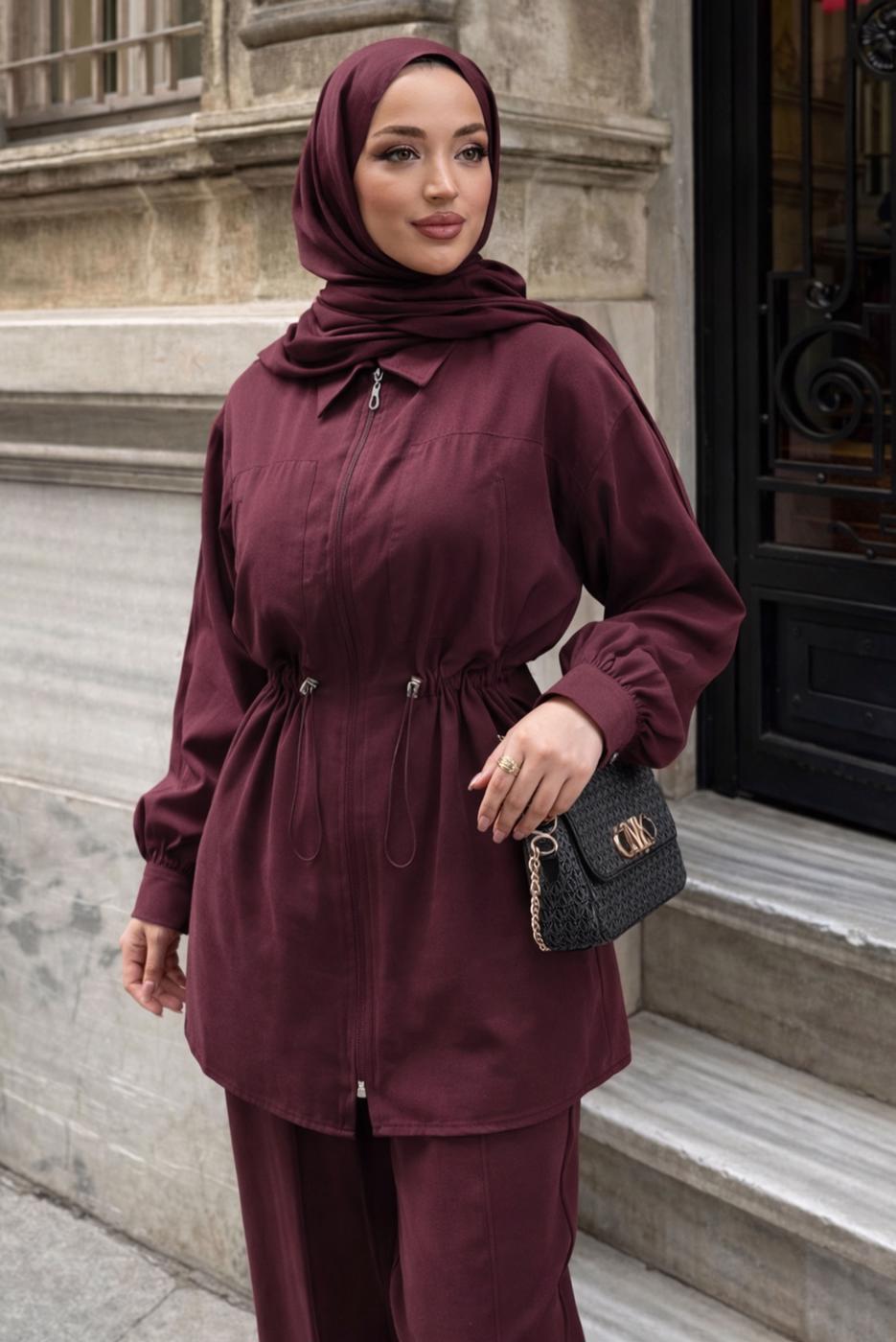 Vêtements hijab ROUGE BORDEAUX ENSEMBLE PANTALON TAILLE SMOCKÉE T 5522