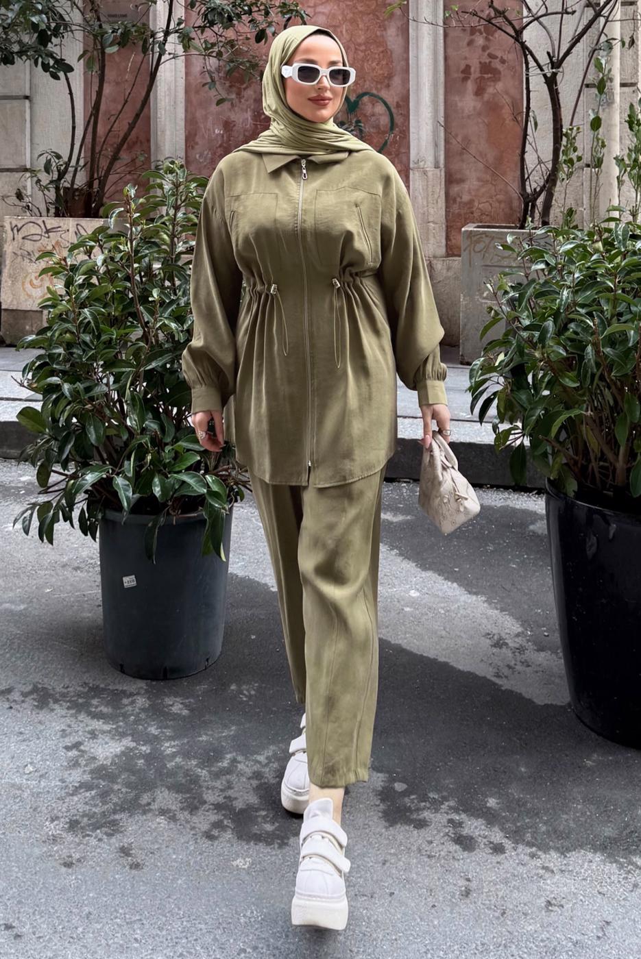 Vêtements hijab KAKI ENSEMBLE PANTALON TAILLE SMOCKÉE T 5522