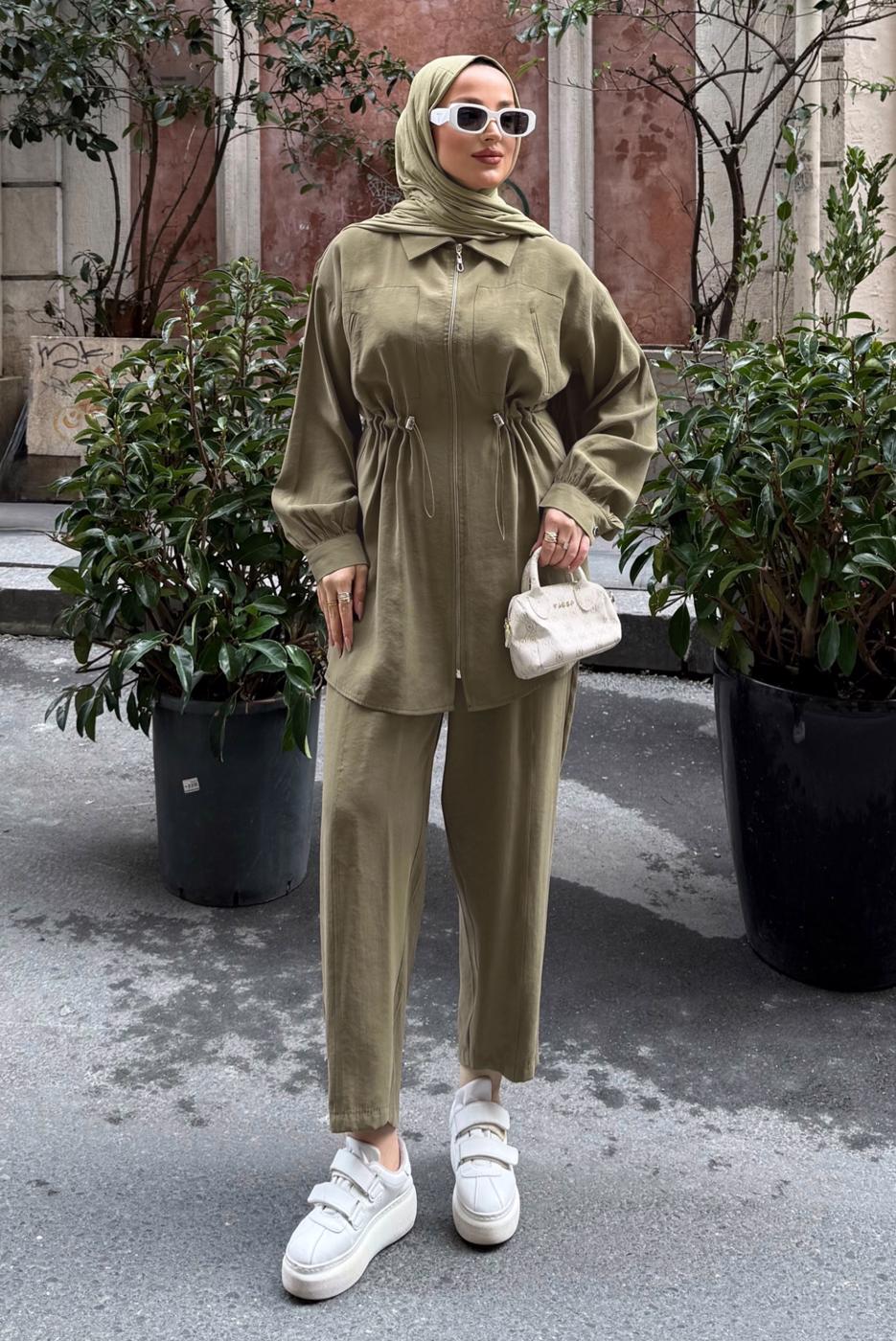 Vêtements hijab KAKI ENSEMBLE PANTALON TAILLE SMOCKÉE T 5522