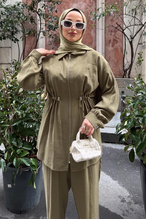 Vêtements hijab KAKI ENSEMBLE PANTALON TAILLE SMOCKÉE T 5522 - TRENDTESETTÜR