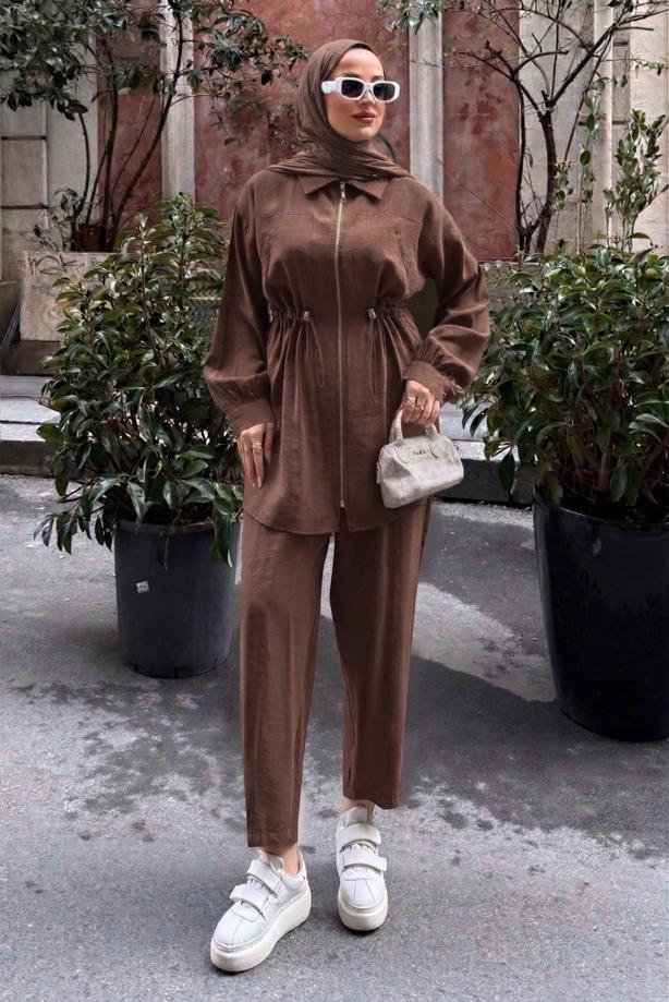 Vêtements hijab BRUN ENSEMBLE PANTALON TAILLE SMOCKÉE T 5522 - TRENDTESETTÜR