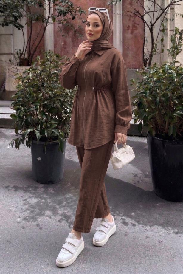 Vêtements hijab BRUN ENSEMBLE PANTALON TAILLE SMOCKÉE T 5522 - TRENDTESETTÜR