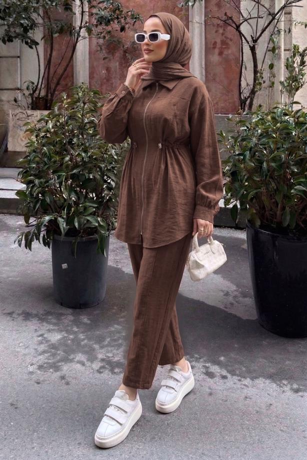 Vêtements hijab BRUN ENSEMBLE PANTALON TAILLE SMOCKÉE T 5522 - TRENDTESETTÜR