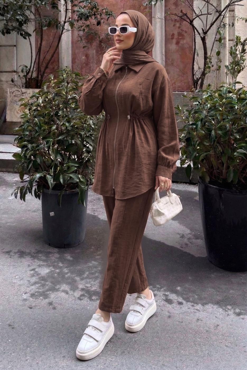 Vêtements hijab BRUN ENSEMBLE PANTALON TAILLE SMOCKÉE T 5522