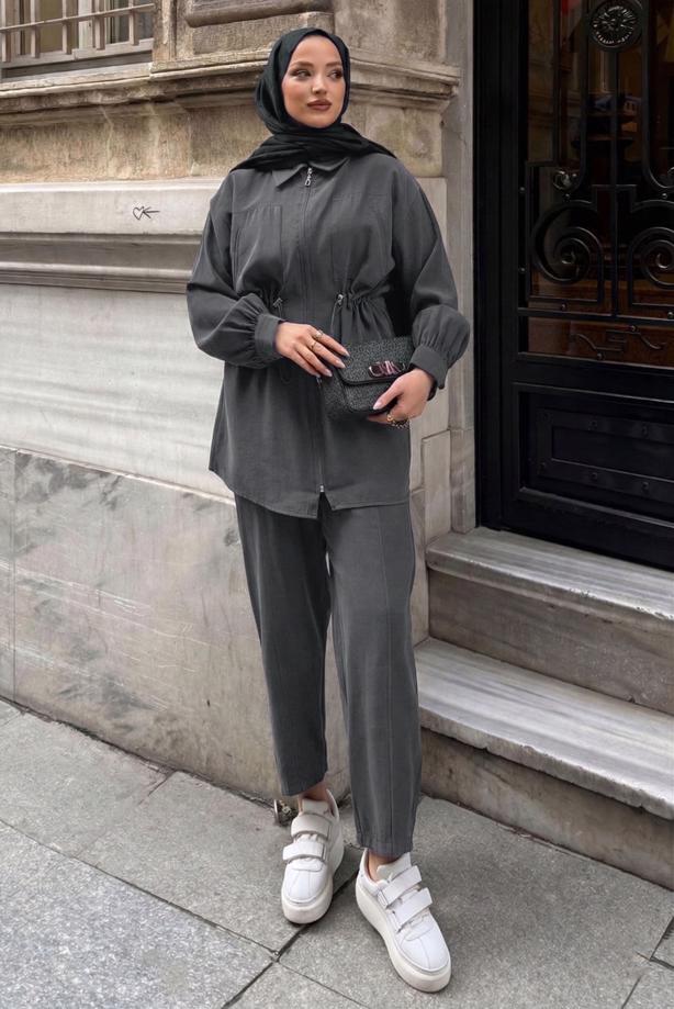 Vêtements hijab GRIS ENSEMBLE PANTALON TAILLE SMOCKÉE T 5522 - TRENDTESETTÜR