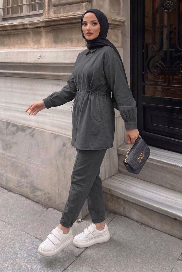 Vêtements hijab GRIS ENSEMBLE PANTALON TAILLE SMOCKÉE T 5522 - TRENDTESETTÜR