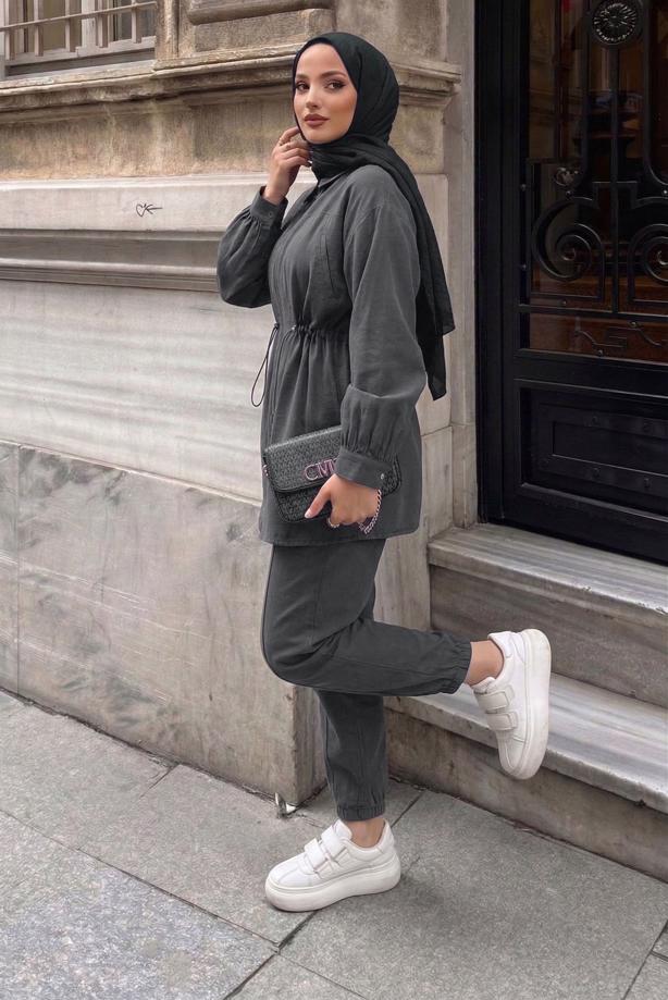 Vêtements hijab GRIS ENSEMBLE PANTALON TAILLE SMOCKÉE T 5522 - TRENDTESETTÜR