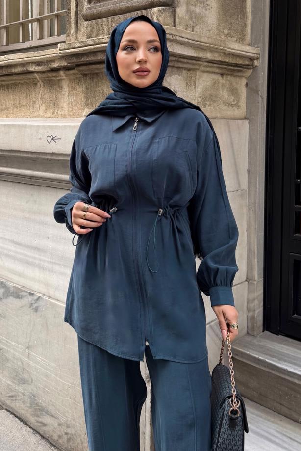 Vêtements hijab BLEU MARINE ENSEMBLE PANTALON TAILLE SMOCKÉE T 5522 - TRENDTESETTÜR