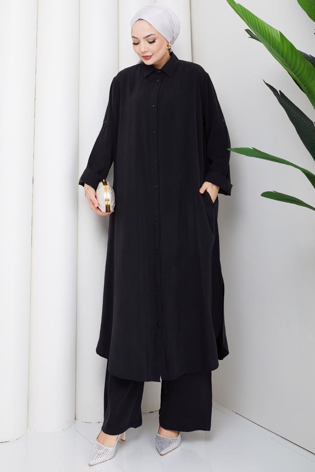 Hijab clothing BLACK COTTON SHIRT COLLAR PANTSUIT T 5601 - TRENDTESETTÜR