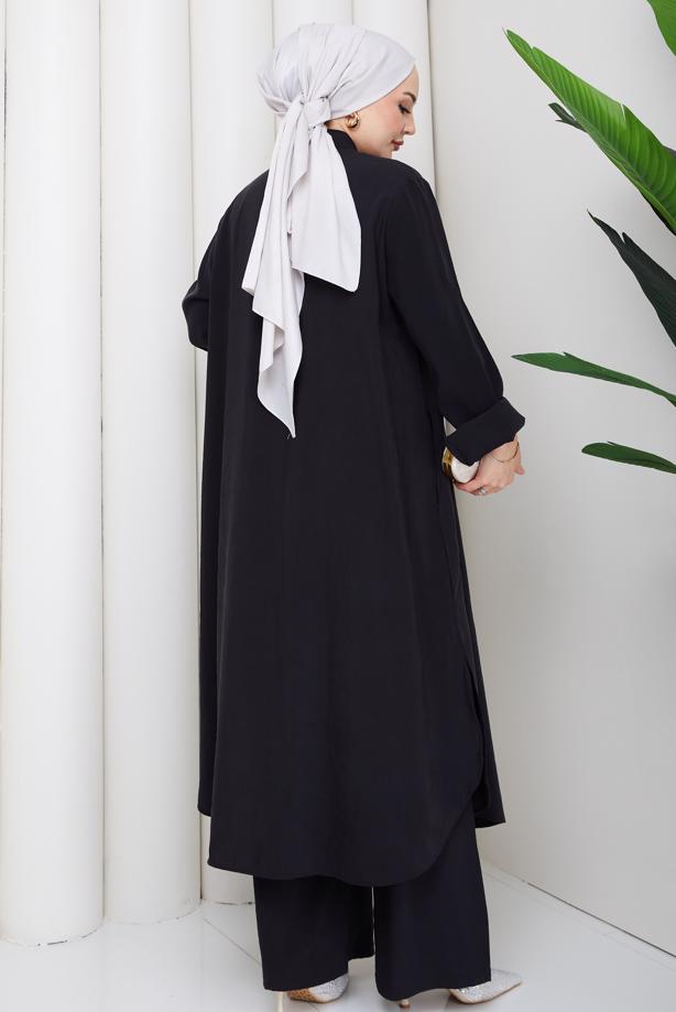 Hijab clothing BLACK COTTON SHIRT COLLAR PANTSUIT T 5601 - TRENDTESETTÜR