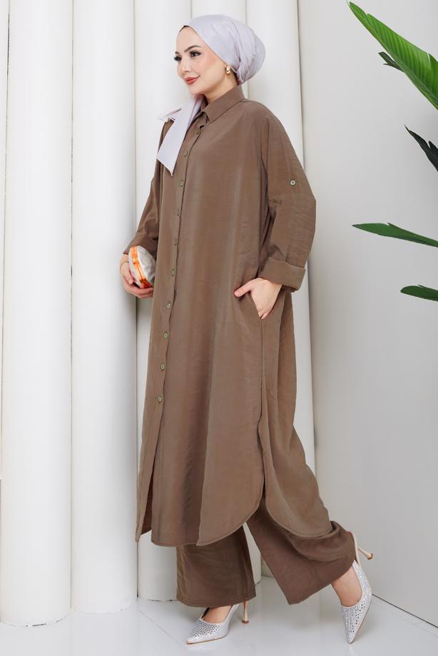 Hijab clothing BROWN COTTON SHIRT COLLAR PANTSUIT T 5601 - TRENDTESETTÜR