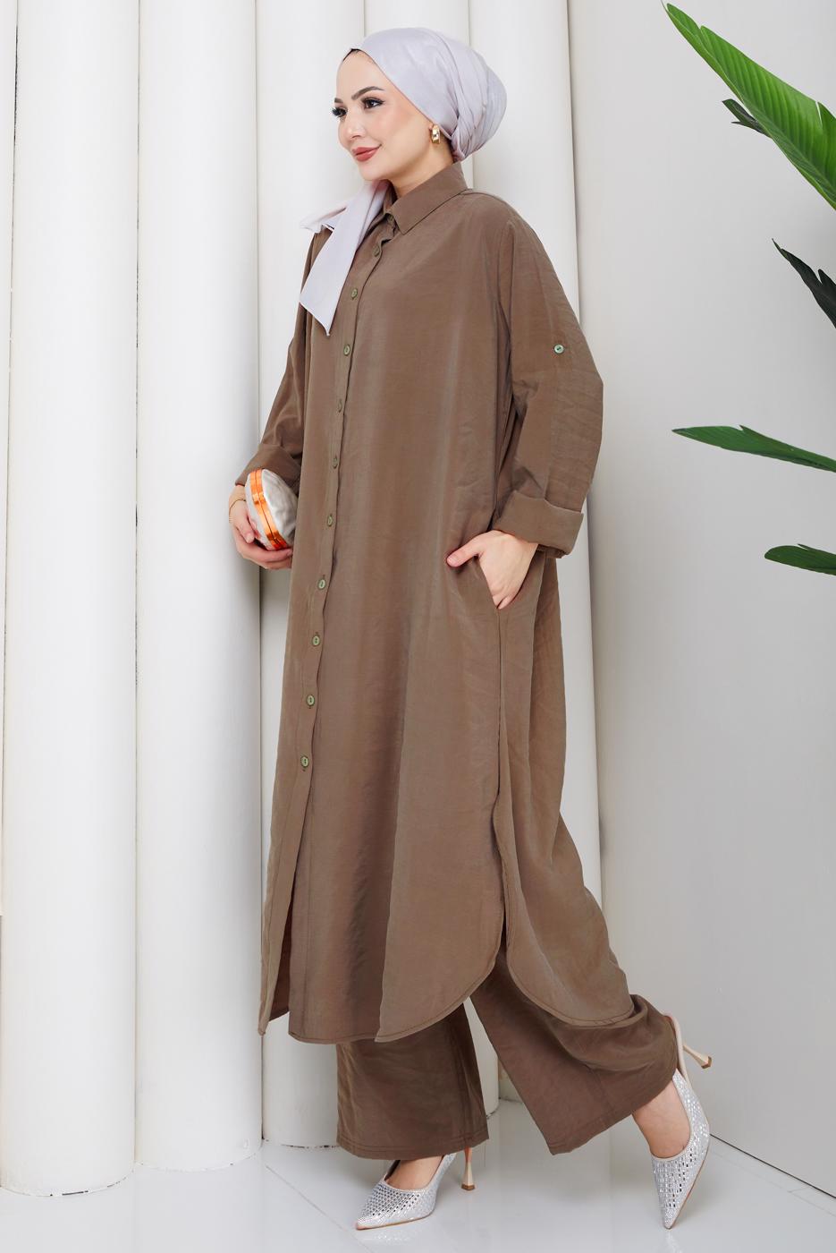 Hijab clothing BROWN COTTON SHIRT COLLAR PANTSUIT T 5601