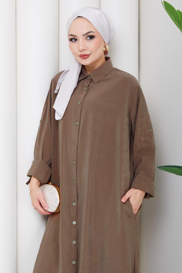 Hijab clothing BROWN COTTON SHIRT COLLAR PANTSUIT T 5601 - TRENDTESETTÜR