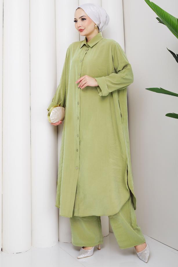 Hijab clothing GREEN COTTON SHIRT COLLAR PANTSUIT T 5601 - TRENDTESETTÜR