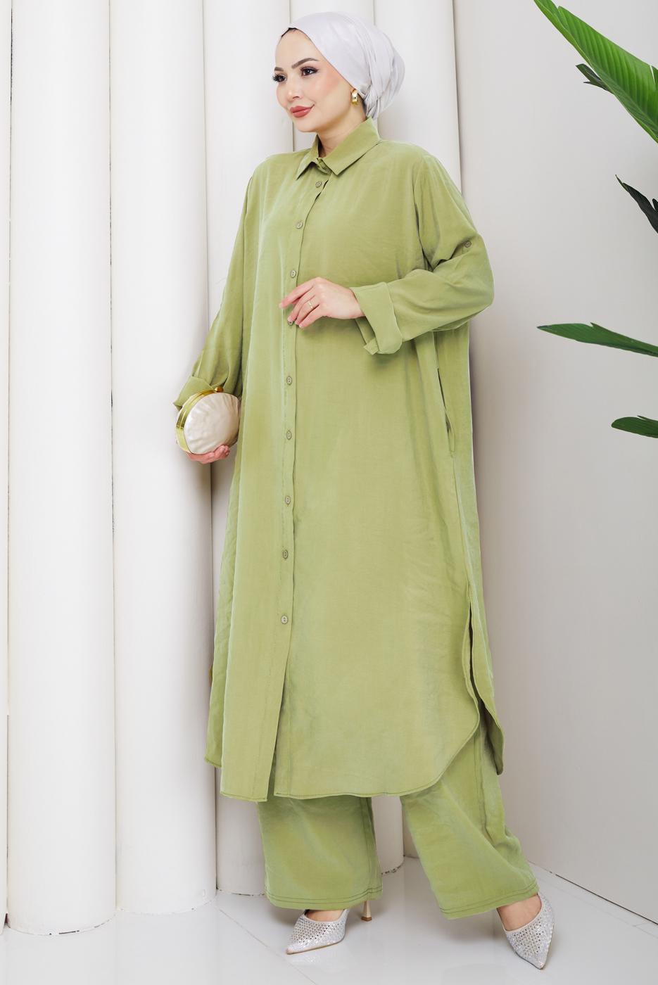Hijab clothing GREEN COTTON SHIRT COLLAR PANTSUIT T 5601