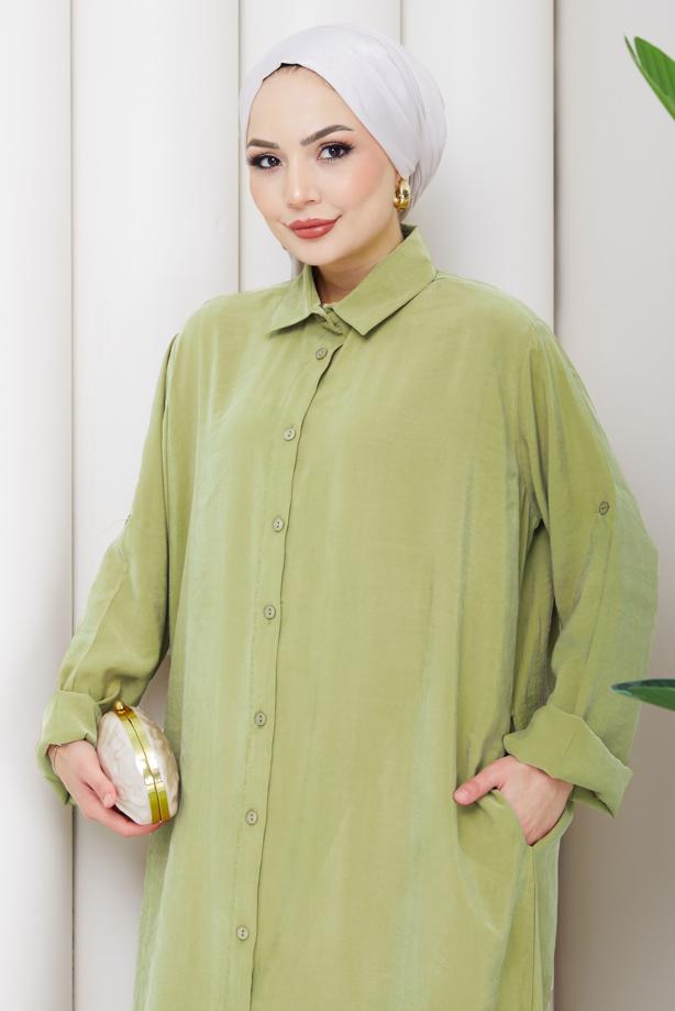 Hijab clothing GREEN COTTON SHIRT COLLAR PANTSUIT T 5601 - TRENDTESETTÜR