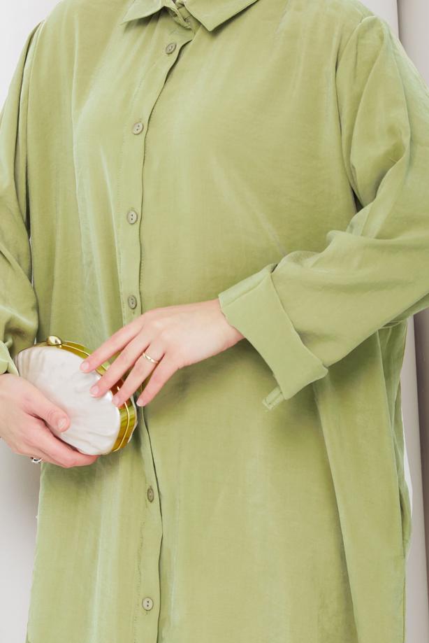Hijab clothing GREEN COTTON SHIRT COLLAR PANTSUIT T 5601 - TRENDTESETTÜR