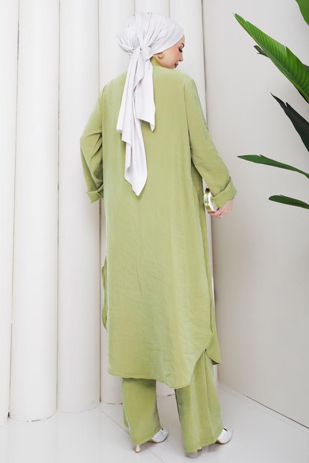 Hijab clothing GREEN COTTON SHIRT COLLAR PANTSUIT T 5601 - TRENDTESETTÜR