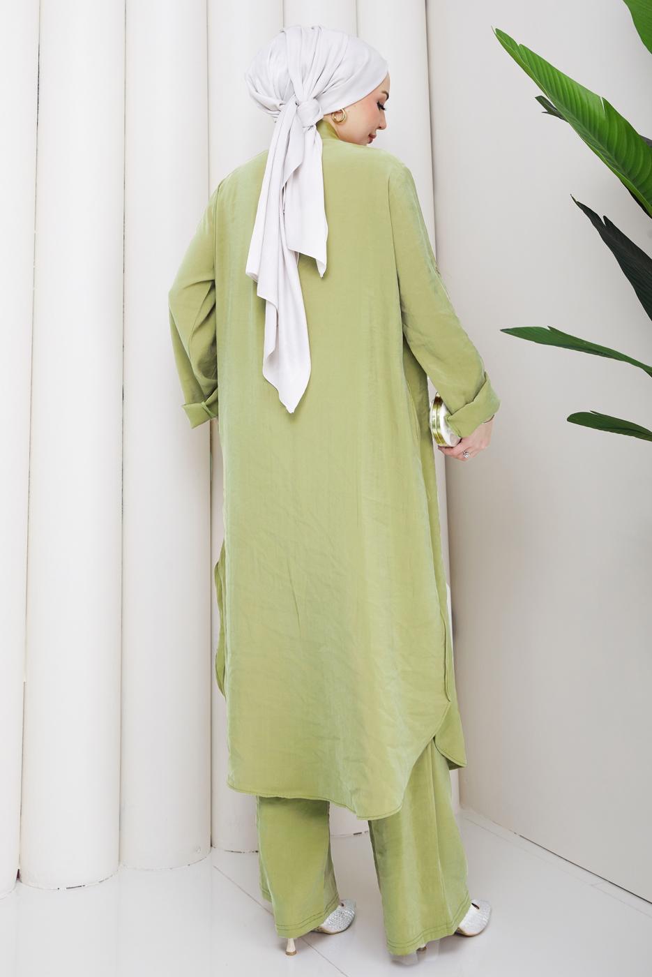 Hijab clothing GREEN COTTON SHIRT COLLAR PANTSUIT T 5601