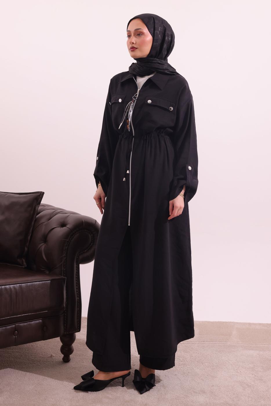 Tesettür giyim SİYAH FULAR DETAYLI MODAL TAKIM T 5817