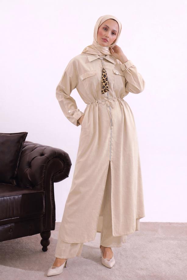 Tesettür giyim BEJ FULAR DETAYLI MODAL TAKIM T 5817 - TRENDTESETTÜR