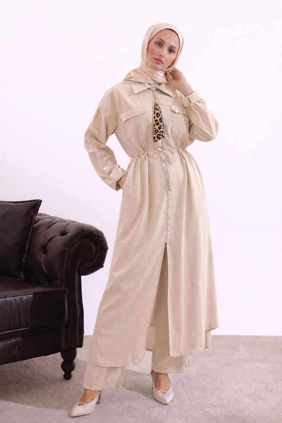 Tesettür giyim BEJ FULAR DETAYLI MODAL TAKIM T 5817