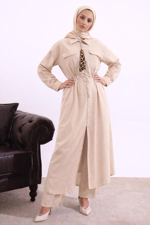Tesettür giyim BEJ FULAR DETAYLI MODAL TAKIM T 5817 - TRENDTESETTÜR