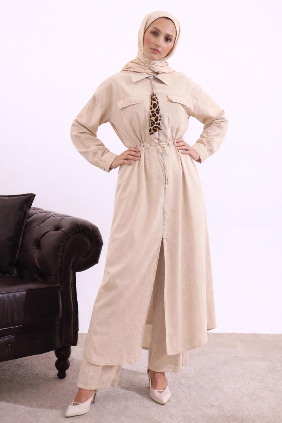 Tesettür giyim BEJ FULAR DETAYLI MODAL TAKIM T 5817