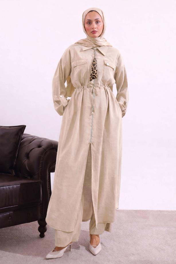 Tesettür giyim BEJ FULAR DETAYLI MODAL TAKIM T 5817 - TRENDTESETTÜR